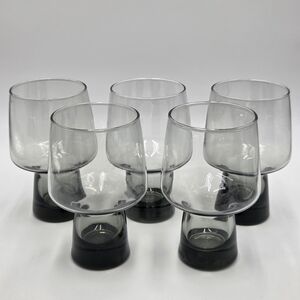 5 pcs Libbey Smoked Glass Goblets Black Base Stemless Glass Set Vintage
